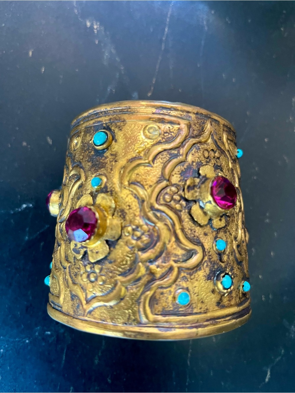 Bracelet, Antique Gold Tone Decorative Accent with Pink and Turquoise Glass.
